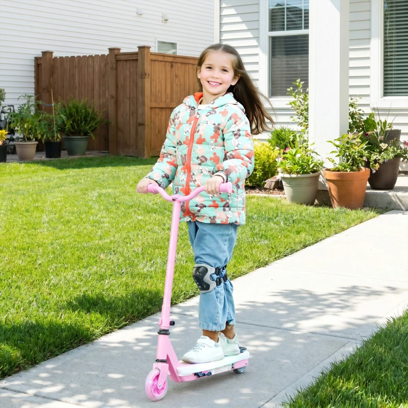 AIYAPLAY Electric Scooter for Kids Aged 4-7 Years, with Flashing LED Lights, Rear Auxiliary Wheels, Pink