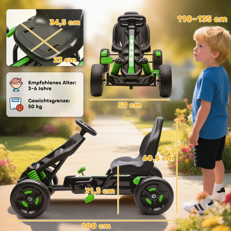 AIYAPLAY Gokart mit Pedalen, Tretauto für Kinder mit Bremse, rutschfeste Räder, Metallrahmen, 3-6 Jahre, Grün