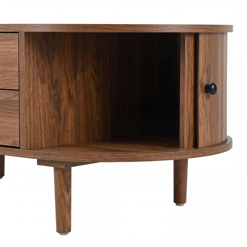 Spacious Room Table with Sliding Doors and 2 Drawers, Retro Oval Coffee Table with Vertical Slats and Clean Lines, 100L x 50W x 40H cm, Walnut