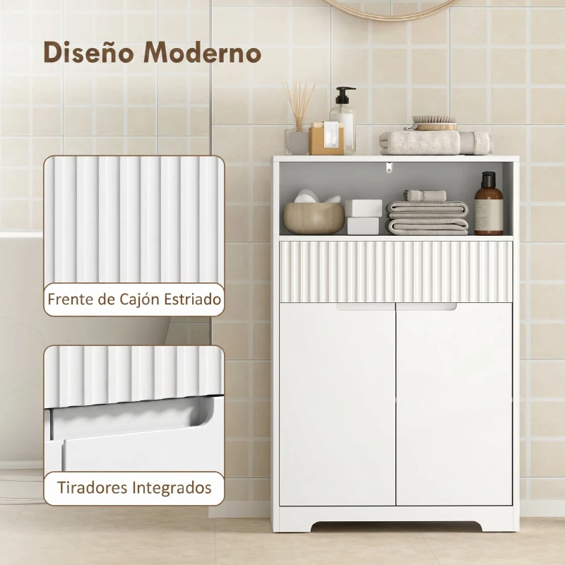 HOMCOM Armario de Baño Estrecho con Cajón con Frontal Acanalado Estante Abierto y Estante Ajustable 60x30x91,5 cm Blanco