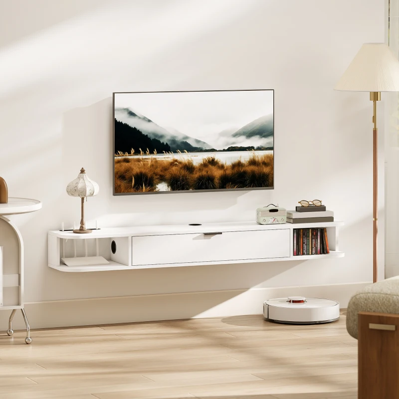 HOMCOM Móvel TV Suspenso, Móvel para Televisor até 60 Polegadas, Gaveta Rebatível, 2 Prateleiras, 140x24x16cm, Branco