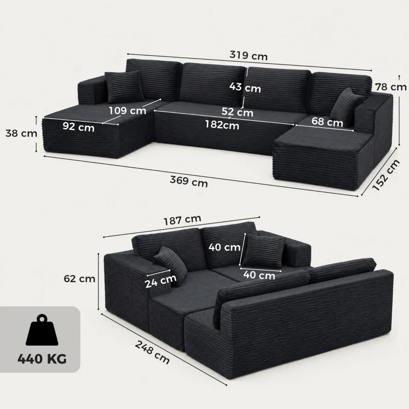 HOMCOM Canapea modulară în U cu 2 chaiselongue, canapea extensibilă tip cord cu spumă de înaltă densitate și șezut cu arcuri, Gri închis