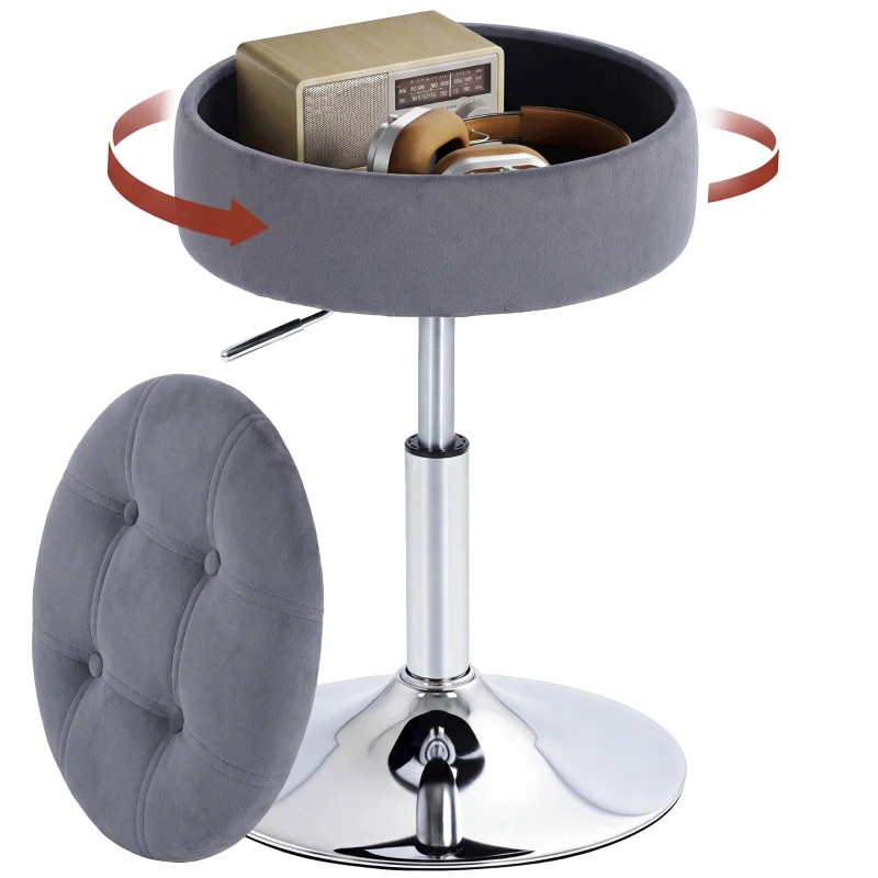 HOMCOM Tabouret de coiffeuse en velours, tabouret de maquillage pivotant avec rangement, hauteur réglable de 49-65 cm, gris
