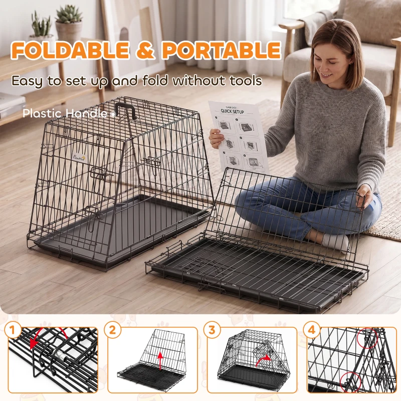 PawHut 30"(76 cm) Car Dog Crate Collapsible Slanted Travel Small Dog Cage with Tray & Handle 76L x 48W x 53H cm