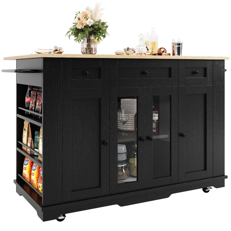 Stylish Kitchen Island with Foldable Worktop and Dining Extension, Space-Saving Dining Cart for Cosy Flats, 151.5L x 60W x 91.5H cm, Black