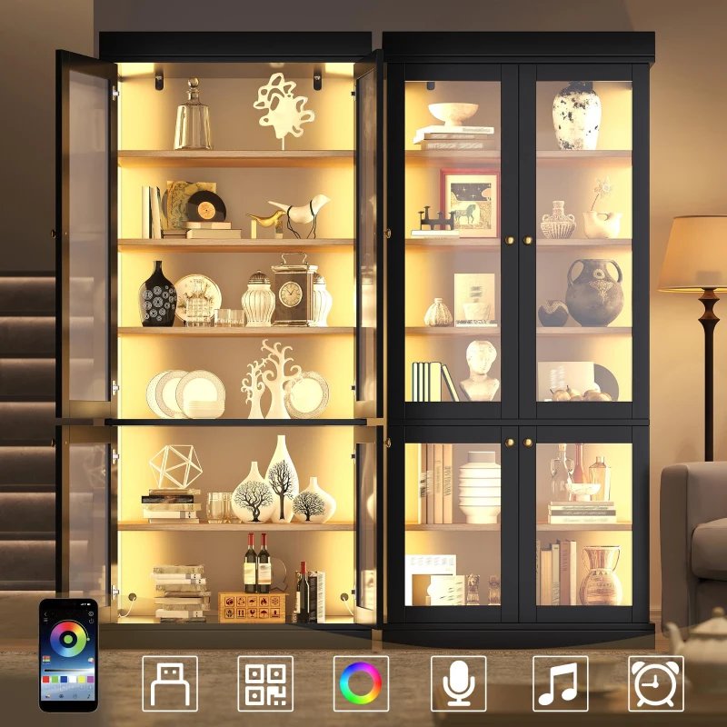 Modern Freestanding Display Cabinet with Height-Adjustable Shelves, LED Lighted Tall Showcase for Industrial Interiors, 80L x 40W x 180H cm, Black