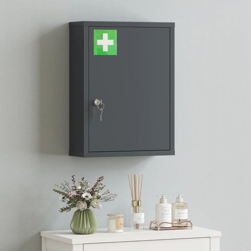 kleankin Medizinschrank zur Wandmontage mit Schloss, 3-stufiger Stahl-Wandschrank, 40 x 15 x 53,5 cm, Kohlegrau