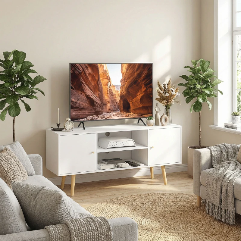 HOMCOM TV Stand Cabinet up to 55 Inches, TV Unit with Storage Shelves and Wood Legs for Living Room, Bedroom, White