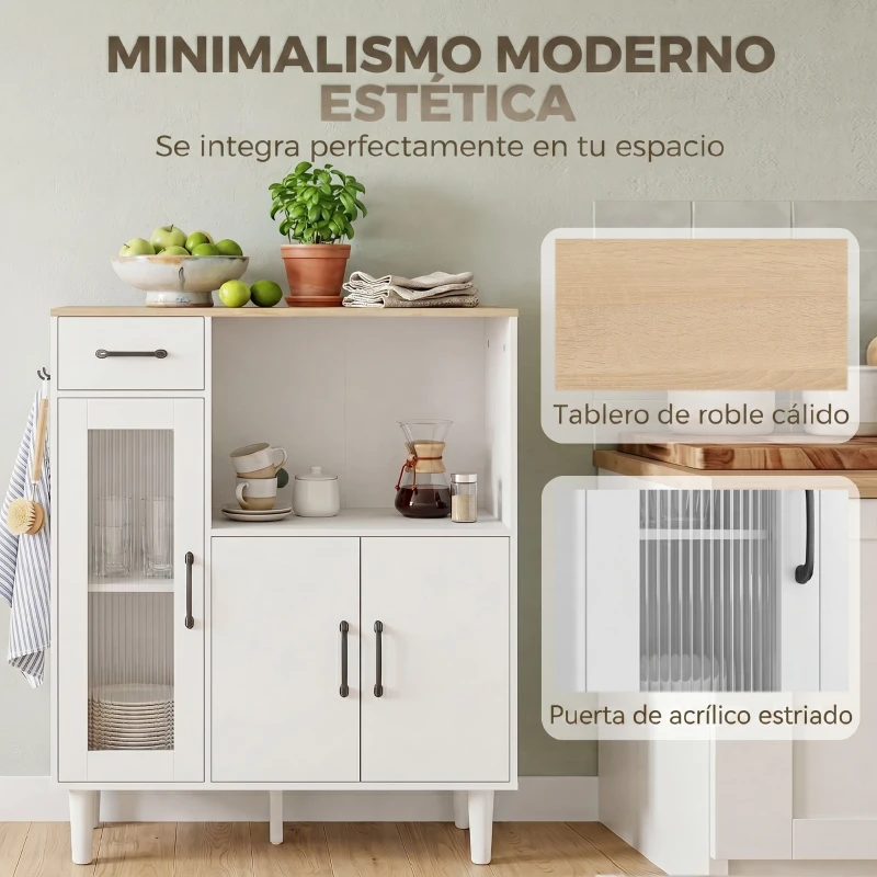 HOMCOM Aparador de Cocina Moderno con Puerta de Acrílico Cajón Estante Ajustable Compartimento Abierto 80x34x91 cm Blanco