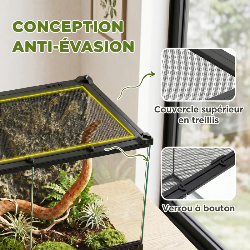 PawHut Boîte à Reptiles avec Panneau de Fond, Fermeture Sécurisée Par Rotation, Ventilation Frontale, 50x30x35cm, Noir