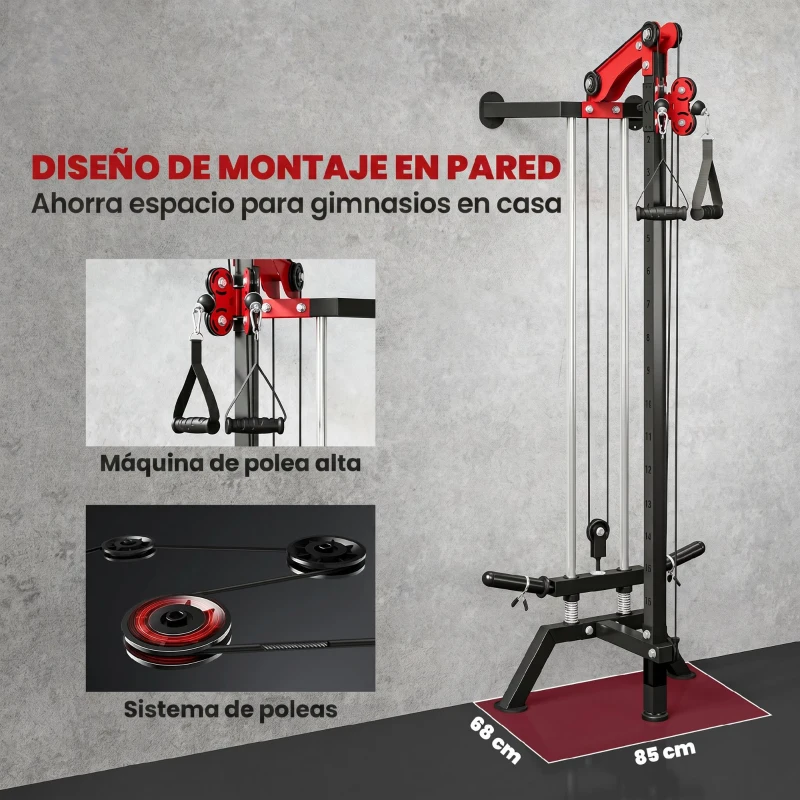 SPORTNOW Máquina Polea Alta y Baja de Pared de Polea Ajustable en 16 Posiciones con Barra para Jalones para Casa en Gimnasio