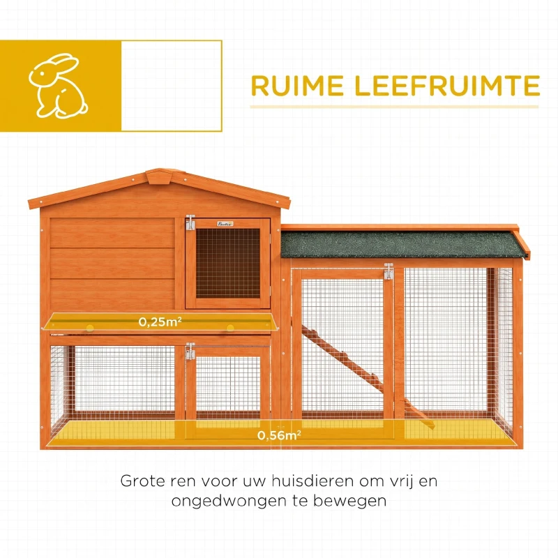 PawHut Kleindierenhok, kleine dierenkooi, buitenkonijnenhok, buitenren, winterbestendig, massief hout, 150 x 45 x 85 cm, Oranje