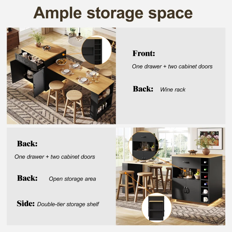 Extendable Kitchen Island with Dining Table, Multifunctional Storage Cabinet with Wine Rack and LED Base Light, 141L x 70W x 101.5H cm, Black