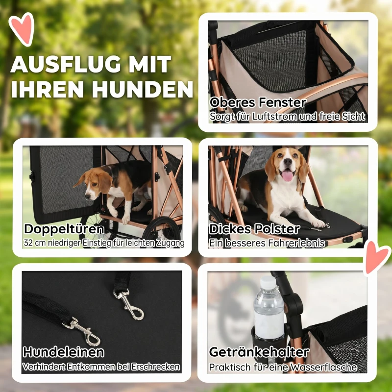PawHut Hundewagen Faltbar Hundebuggy für Hunde bis 20 kg mit 360°Drehrädern Netzfenster Kissen Verstellbarer Griff Hellbraun