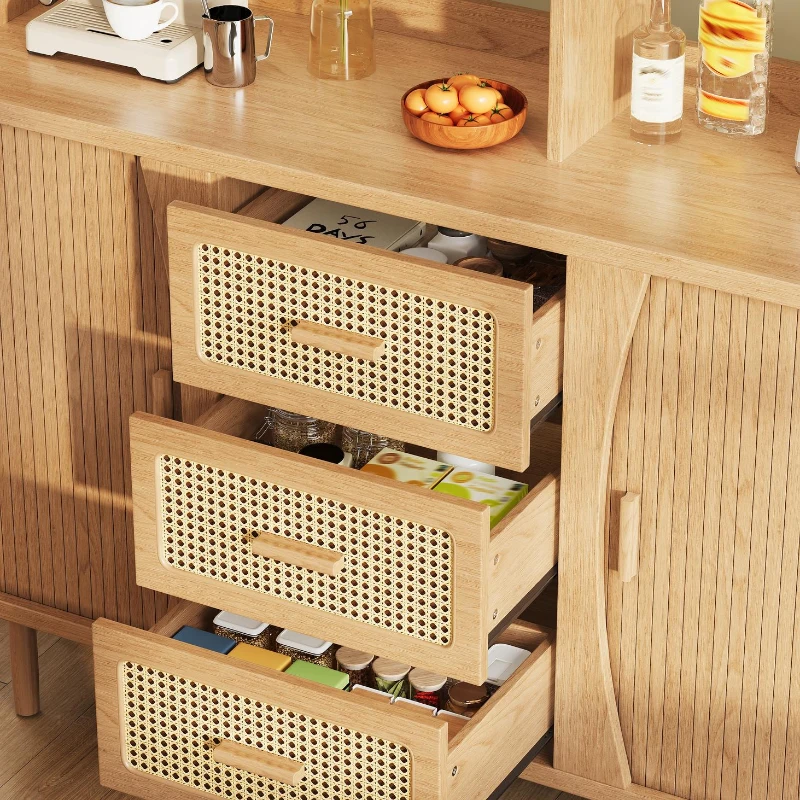 Adjustable-Feet Dining Room Cupboard with Wine Glass Holders, High-quality Sideboard with for Kitchen or Hallways, 140L x 40.5W x 174.5H cm, Wood