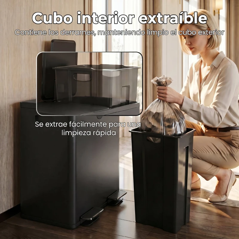 HOMCOM Papelera de Cocina de Acero Inoxidable con 2 Compartimentos 2x20L Pedal Tapas de Cierre Suave y Cubo Extraíble Negro