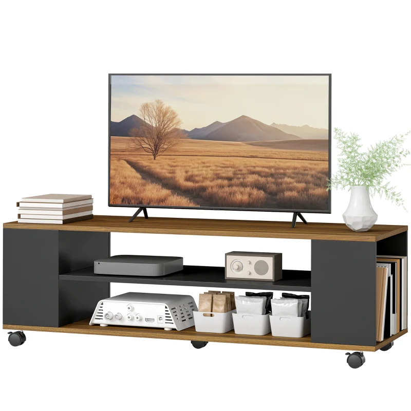 HOMCOM Mueble de TV Suspendido o de Pie con Ruedas 4 Estantes para Televisión de 55 Pulgadas 120x40x38,5 cm Nogal y Negro