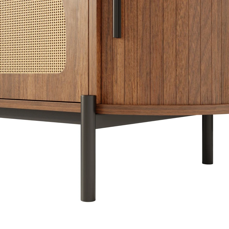 Space-Saving TV Stand with 2 Sliding Doors and 2 Drawers, Stylish TV Cabinet with Rattan Doors and Metal legs, 200L x 40W x 50H cm, Walnut