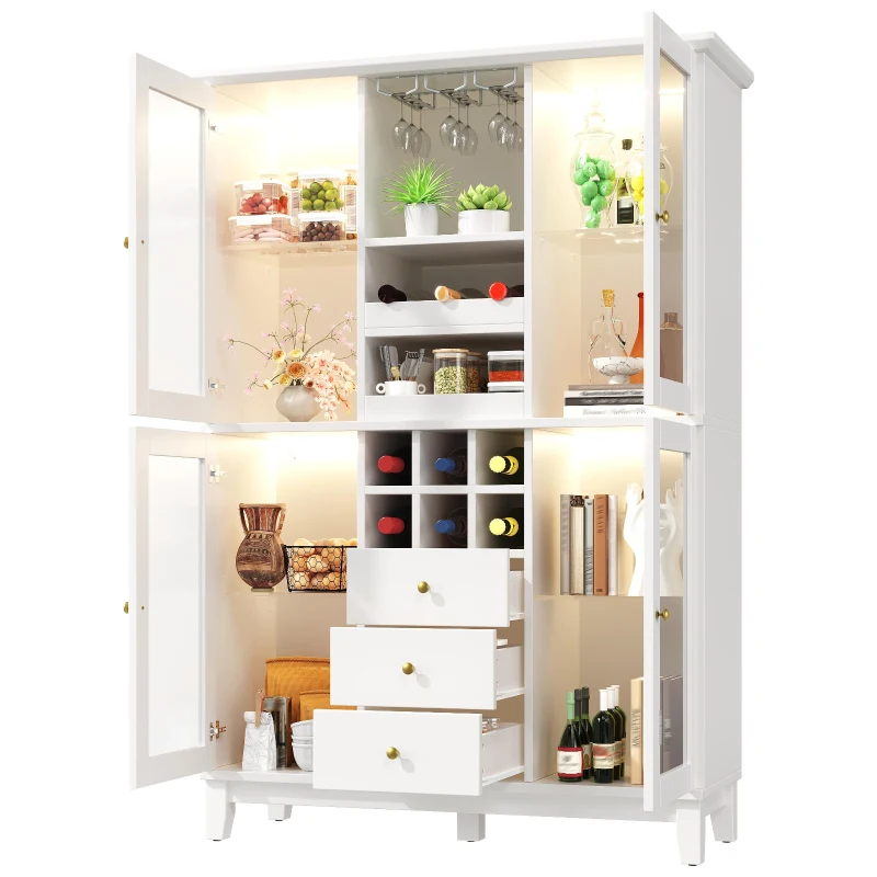 White Wine Cabinet with App-Controlled RGB LED Lighting, Adjustable-Dlass-Shelf Showcase with Wine Rack and Glass Holder, 120L x 40W x 180.5H cm, White