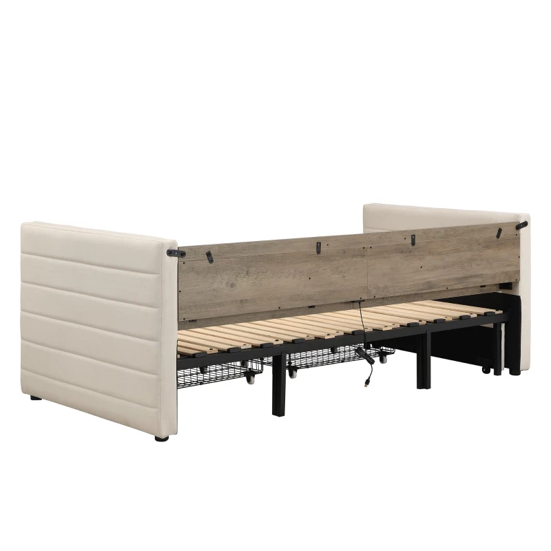 Practical Upholstered Daybed with Pull-Out Trundle, Ideal Bed Frame for Studios, Living Rooms, or Guest Spaces, 200L x 140W x 100H cm, Beige