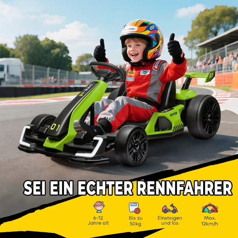 HOMCOM 4 V Elektro Go-Kart für Kinder Bis 12 Km/h Gokart mit Drift-Funktion, 2 Motoren verstellbarem Sitz Sanftanlauf