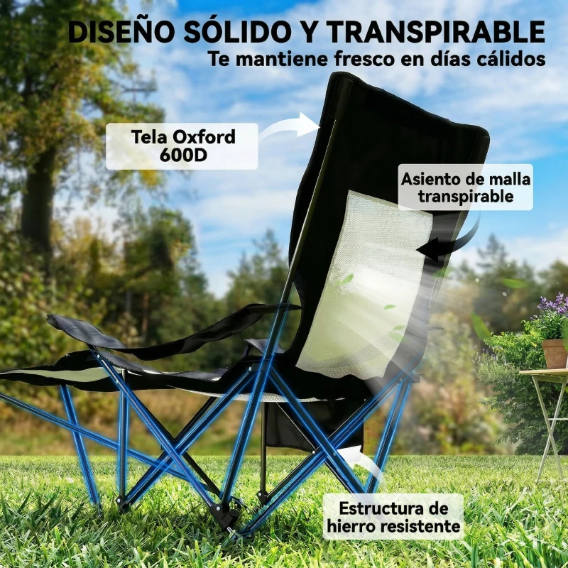 Outsunny Conjunto de 2 Sillas Plegables Camping Reclinables con Reposapiés Desmontable Reposacabezas Portavasos y Bolsa Negro
