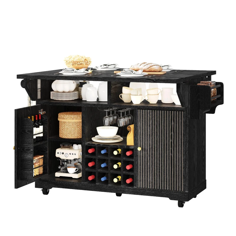 Foldable Serving Trolley with Ample Storage and Snack Racks, Mobile Kitchen Island for Balconies or Dining Room, 142.5L x 40W x 95H cm, Black