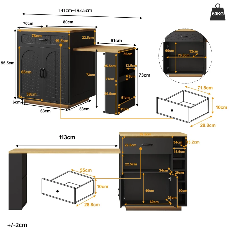 Extendable Kitchen Island with Dining Table, Multifunctional Storage Cabinet with Wine Rack and LED Base Light, 141L x 70W x 101.5H cm, Black