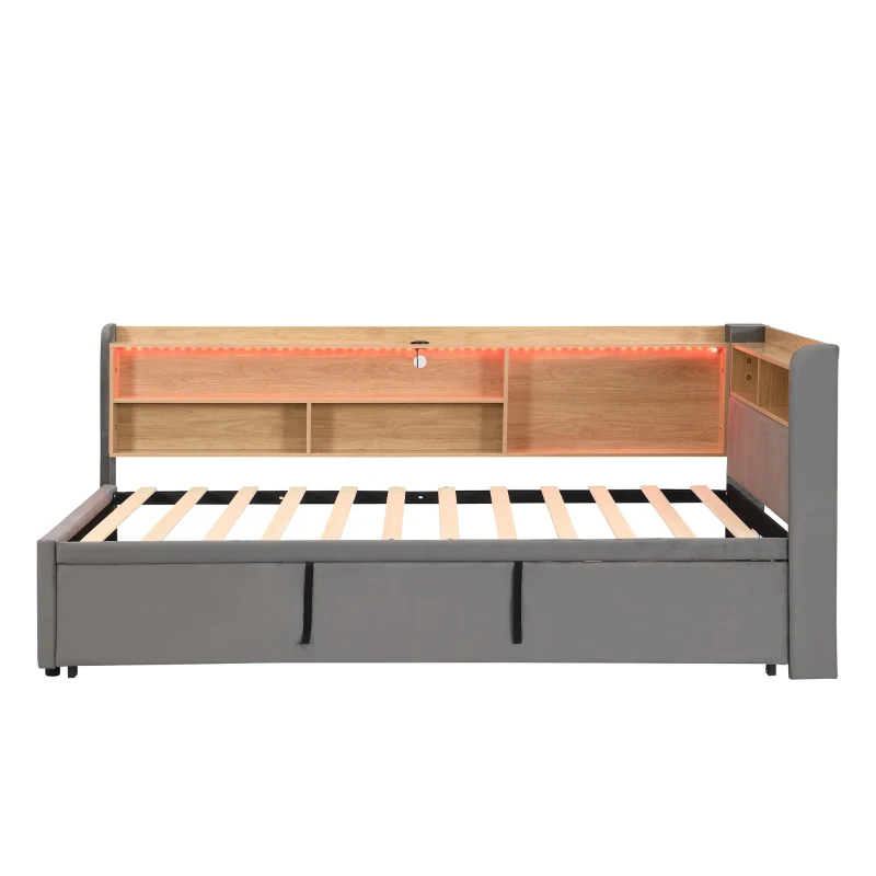Practical Upholstered Daybed with Pull‑Out Trundle, Perfect Bed Frame for Studios, Living Rooms, or Guest Spaces, 201L x 105W x 85H cm, Grey