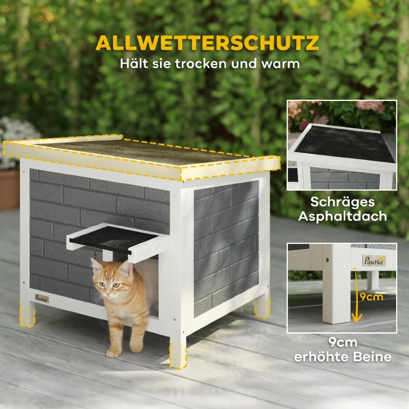 PawHut Katzenhaus Wetterfeste Katzenhütte aus Holz mit aufklappbarem Dach Aluminium-Isolierplatten Asphaltdach 61x51x53,5 cm