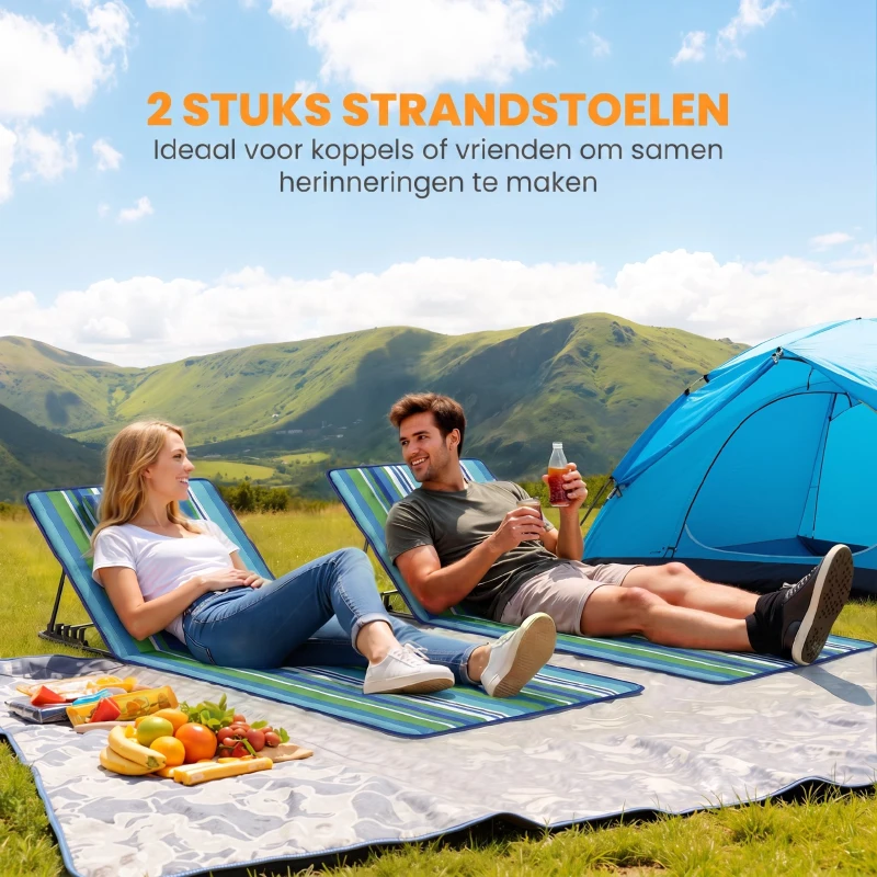 Outsunny 2-delige set strandligstoel met verstelbare rugleuning, lichtgewicht opvouwbaar met kussen en opbergvak