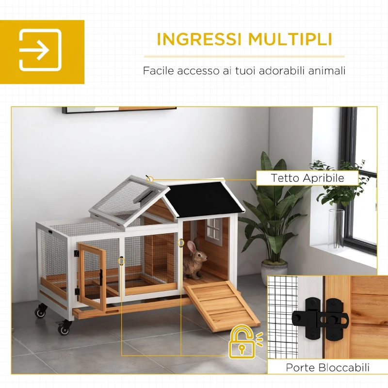 PawHut Conigliera in Legno da Interno ed Esterno con Ruote, Casetta, Tetto Apribile, Porte e Vassoio Estraibile, Giallo