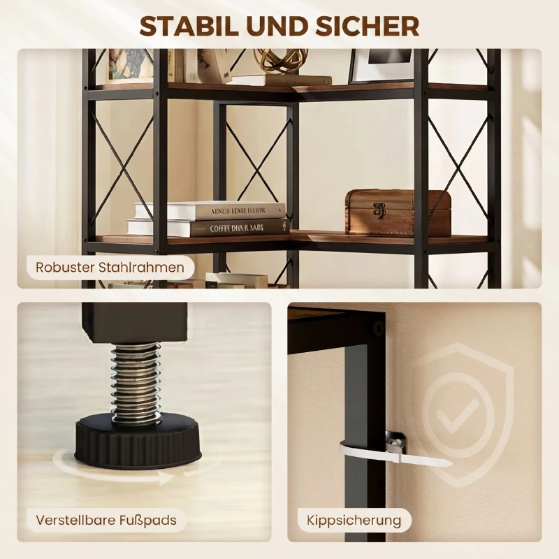HOMCOM 6-stufiges L-förmiges Bücherregal, freistehendes Eckregal mit Metallrahmen, rustikal braun, 60 x 60 x 200 cm
