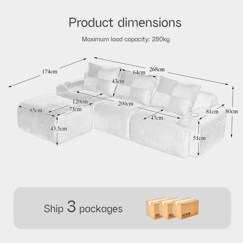 Corduroy L-Shaped Sectional Sofa with Integrated Cup Holders, 3-Seater Modular Cord Sofa for Living Rooms, 268L x 174W x 80H cm, Dark Gray