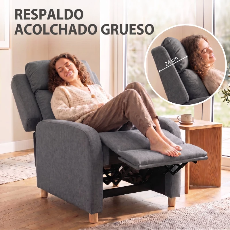 HOMCOM Sillón Relax Reclinable Manual Tapizado en Lino Instalación Rápida Reposapiés Acolchado Grueso y Patas de Madera Gris