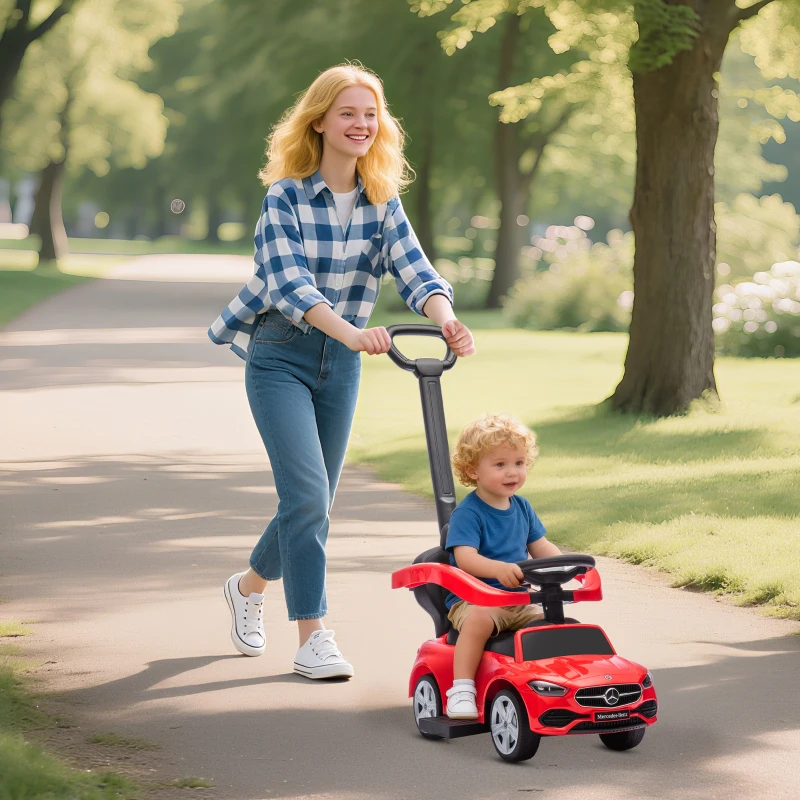 AIYAPLAY 2 in 1 Baby Ride on Push Car Mercedes-Benz C-Class Licensed Walker Foot to Floor Push-Along with Removable Handle, Red