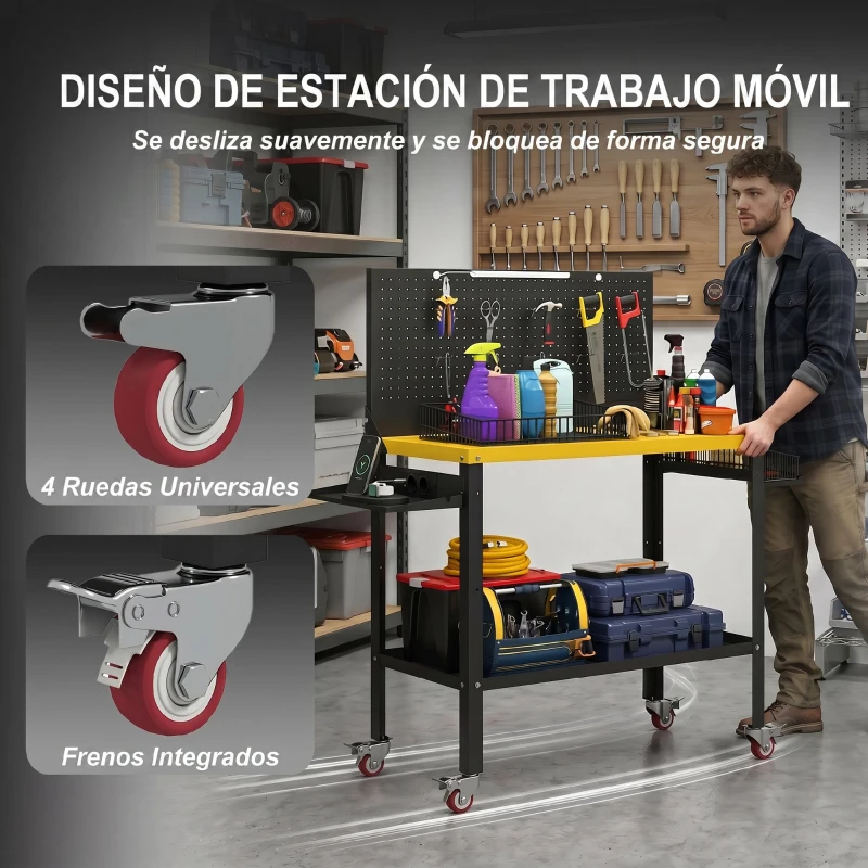 HOMCOM Banco de Trabajo con Panel Perforado Mesa de Trabajo con Enchufes Luz LED Ruedas Marco de Metal Negro y Amarillo