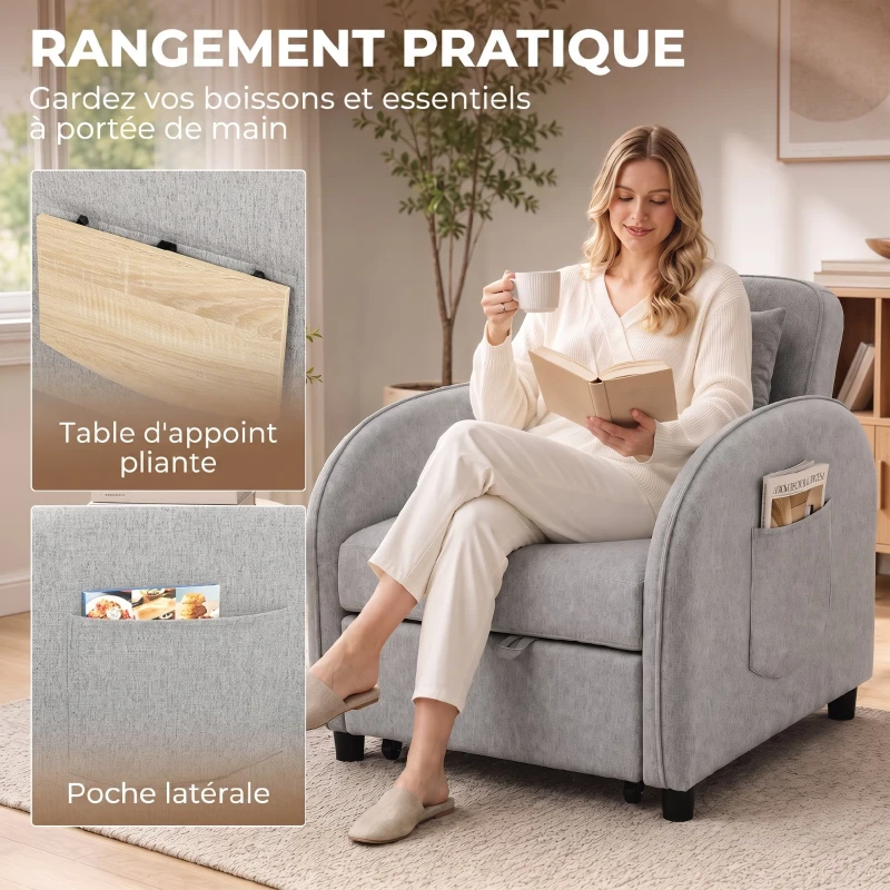 HOMCOM Fauteuil Convertible 1 Place, Fauteuil-Lit Clic-Clac 3 en 1, Dossier Réglable, Tablette Latérale Rabattable, Gris