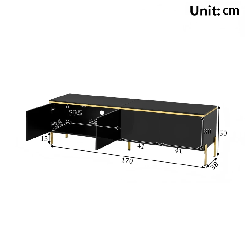 Spacious TV Stand with 4-Door Storage, Functional TV Cabinet for Modern and Italian Minimalist Living Rooms, 170L x 38W x 50H cm, Black