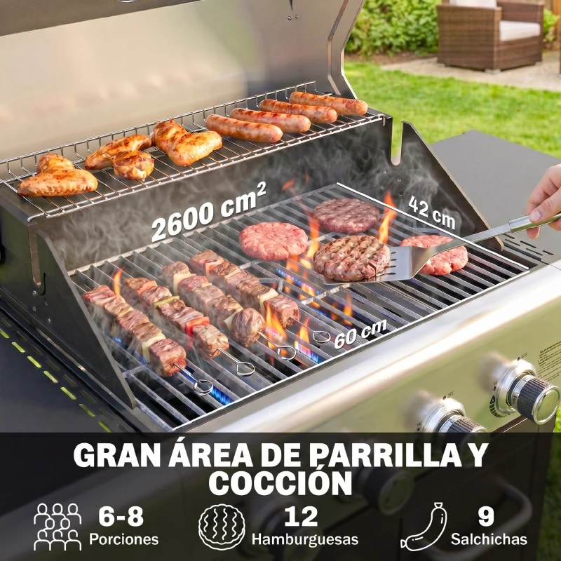 Outsunny Barbacoa de Gas con 4 Quemadores 12,8 kW Termómetro Parrillas de Hierro Fundido Mesas Laterales Armario y Ruedas Negro