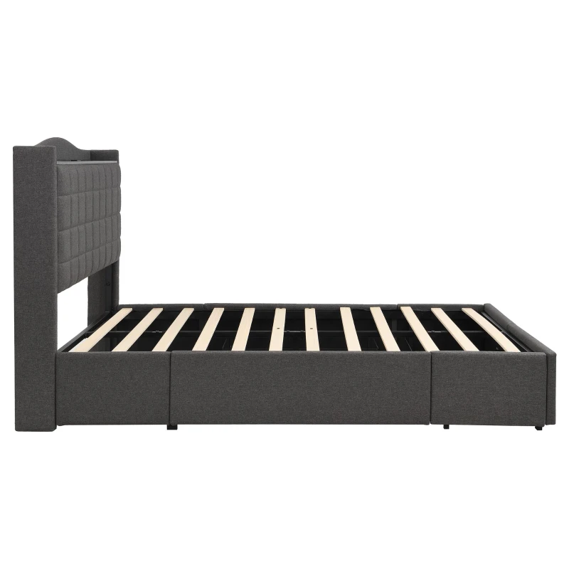 Spacious Upholstered Bed with 4 Under‑Bed Drawers, Cozy Bed Frame with Soft Headboard and Linen Surface, 208L x 140W x 111H cm, Grey