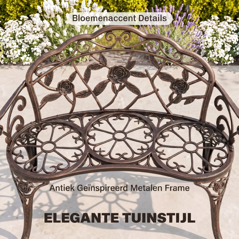 Outsunny Tuinbank 2-zits van metaal, zitbank in retrostijl, parkbank met bloemmotief 100 x 54 x 78 cm, Brons
