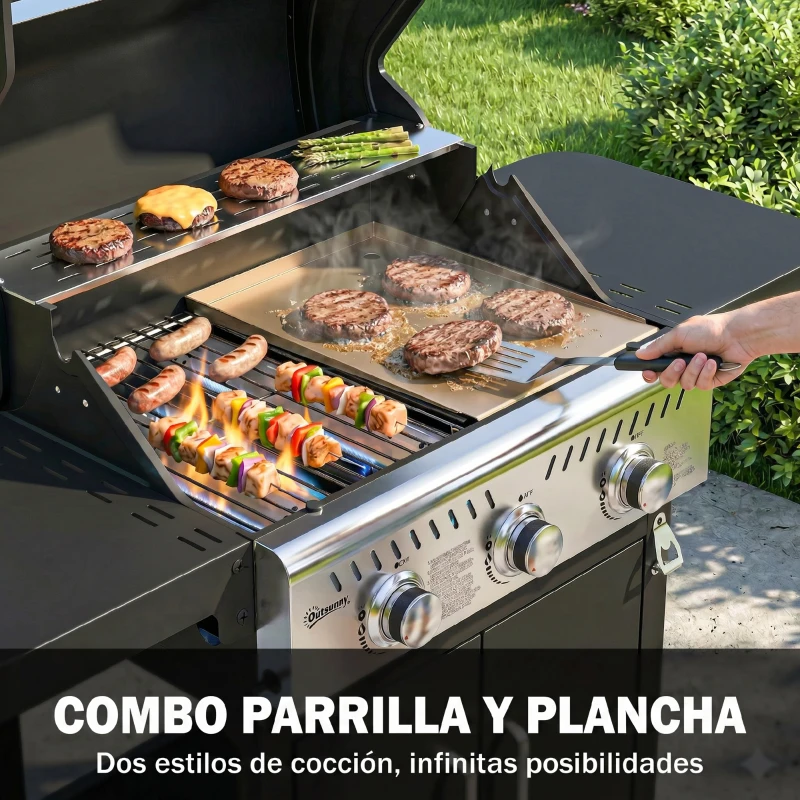 Outsunny Barbacoa de Gas con 3 Quemadores 7,5 kW Termómetro Parrilla Plancha Mesas Laterales Armario Ruedas 125x57x110 cm Negro