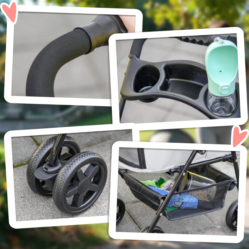 PawHut Carrito para Perros Pequeños con 4 Ruedas Freno Cesta Capota Correas de Seguridad y Ventanas 67x45x96 cm Gris Claro