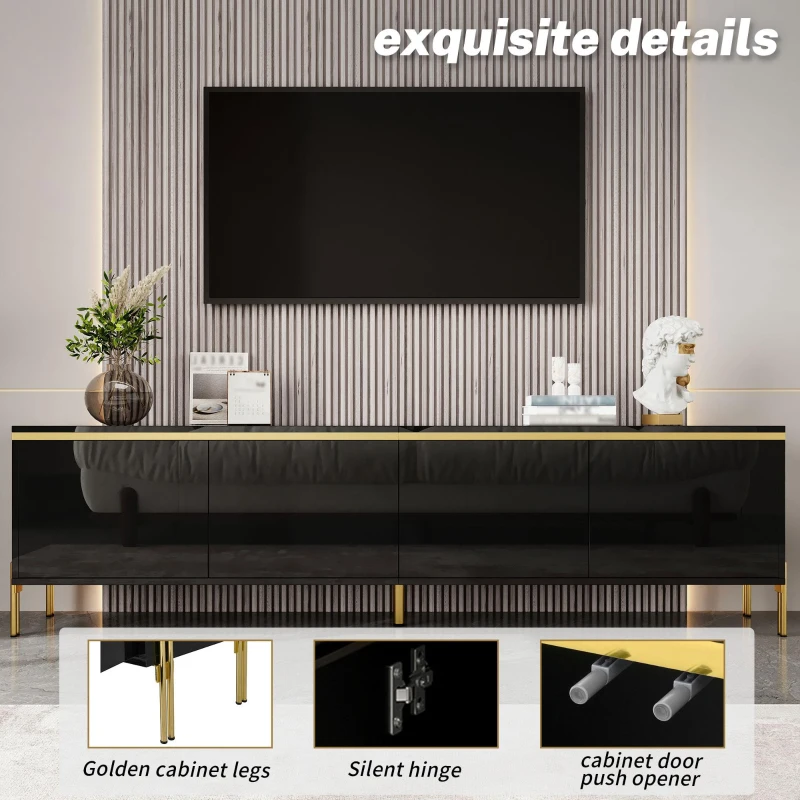 Spacious TV Stand with 4-Door Storage, Functional TV Cabinet for Modern and Italian Minimalist Living Rooms, 170L x 38W x 50H cm, Black