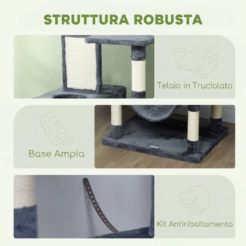 PawHut Tiragraffi per Gatti Alto 206 cm con 4 Pali Graffiatoi, Grotte, Cesti, Amache, per 1-3 Gattini 6 kg, Grigio Scuro