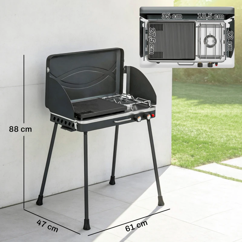 Outsunny Barbacoa de Gas Portátil 2 en 1 Propano 7 kW de Mesa o de Pie con Plancha Grande Patas Desmontables Negro