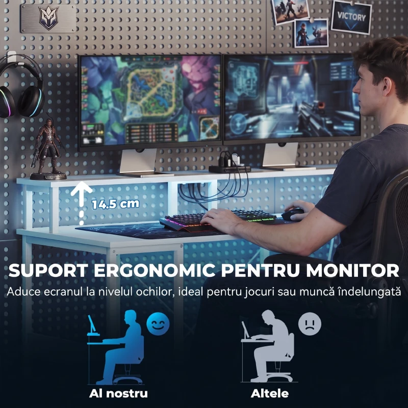 HOMCOM Birou pentru Computer Reversibil cu Rafturi, 120x50 cm, cu Prize și Lumini LED, Alb cu Efect de Lemn
