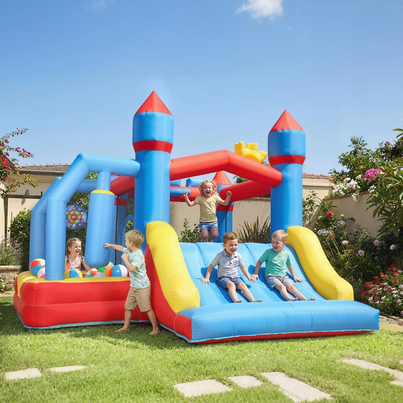 AIYAPLAY Castillo Hinchable para Niños con Soplador Tobogán Trampolín Piscina Pilar de Boxeo y Aro de Baloncesto 277x270x215 cm