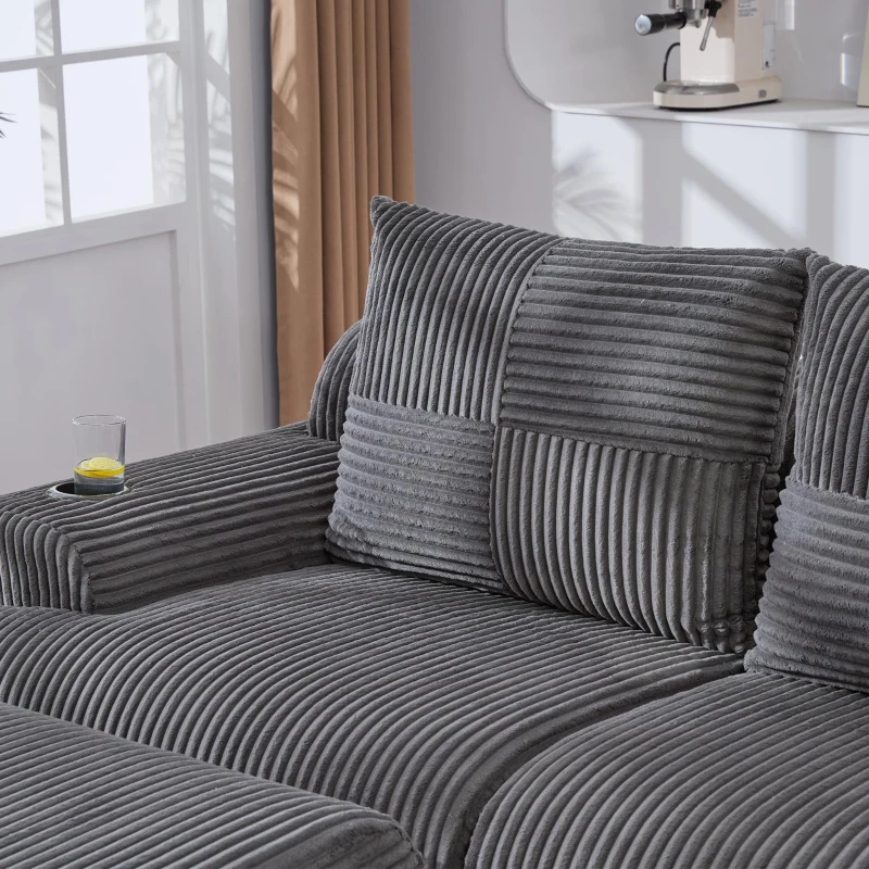 Corduroy L-Shaped Sectional Sofa with Integrated Cup Holders, 3-Seater Modular Cord Sofa for Living Rooms, 268L x 174W x 80H cm, Dark Gray